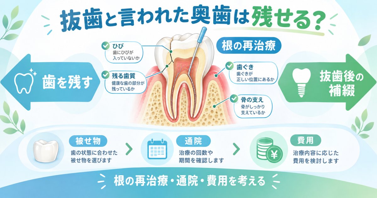 抜歯と言われた奥歯は残せる？根の再治療と通院・費用を考える