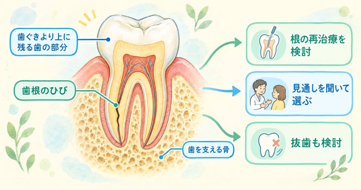 歯の状態から、根の再治療と抜歯のどちらを検討するか