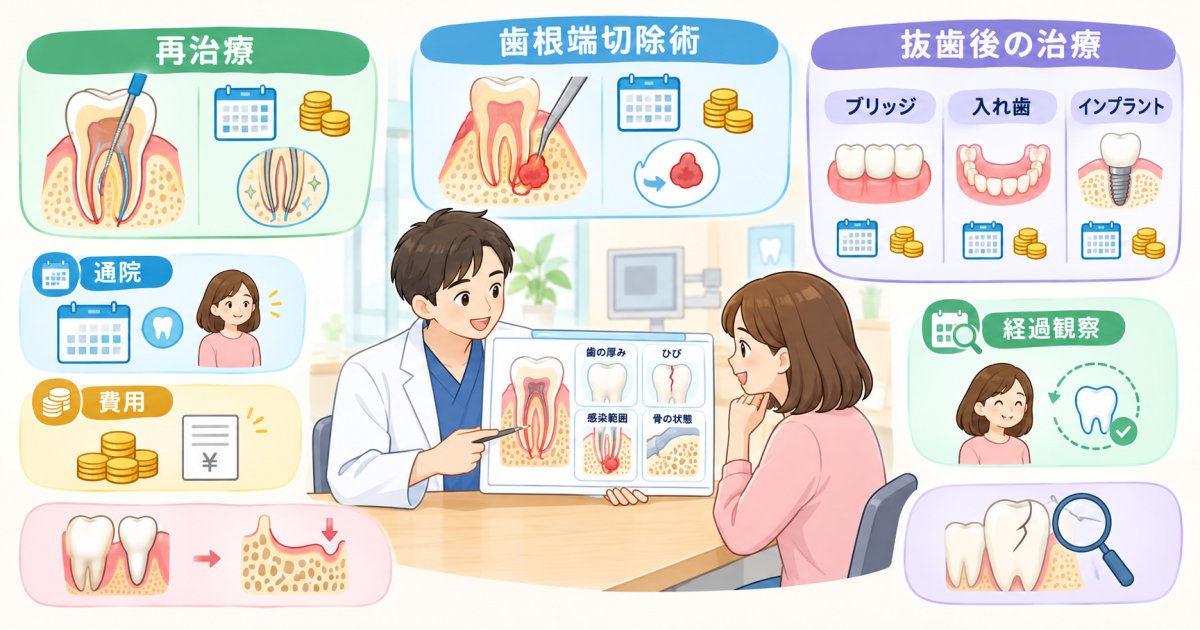 再治療・歯根端切除術・抜歯後の治療を、条件と負担で見比べる